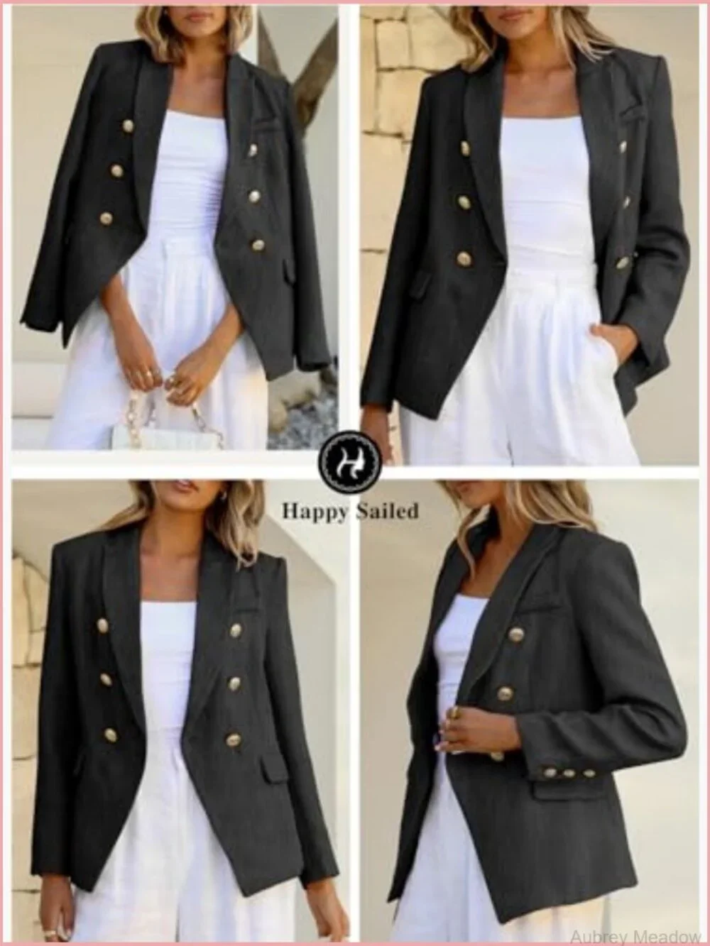 Womens Tweed Blazer Double Breasted Open Front Long Sleeve Work Suit Jacket